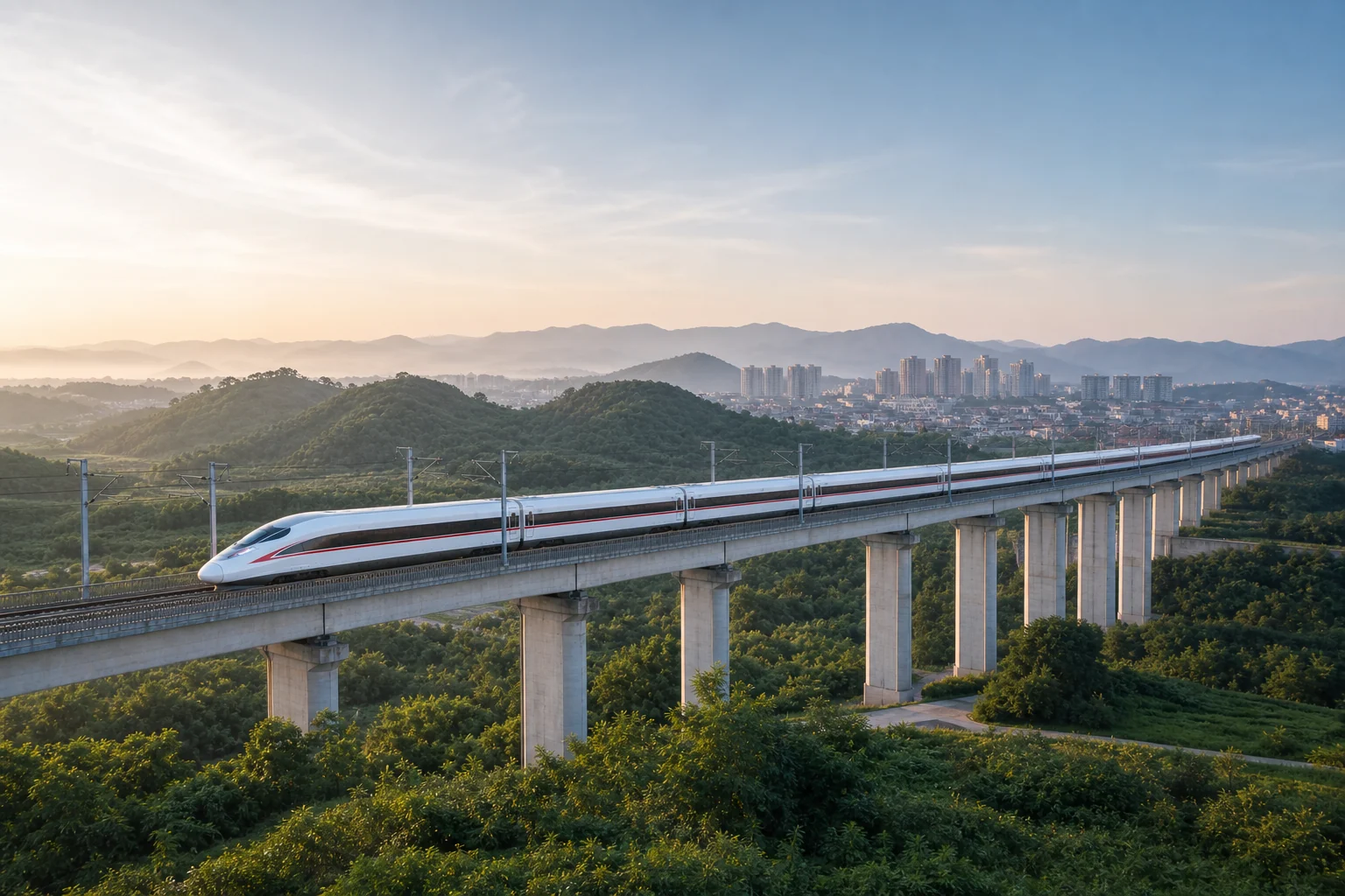 A high-speed train travelling across an elevated railway in China